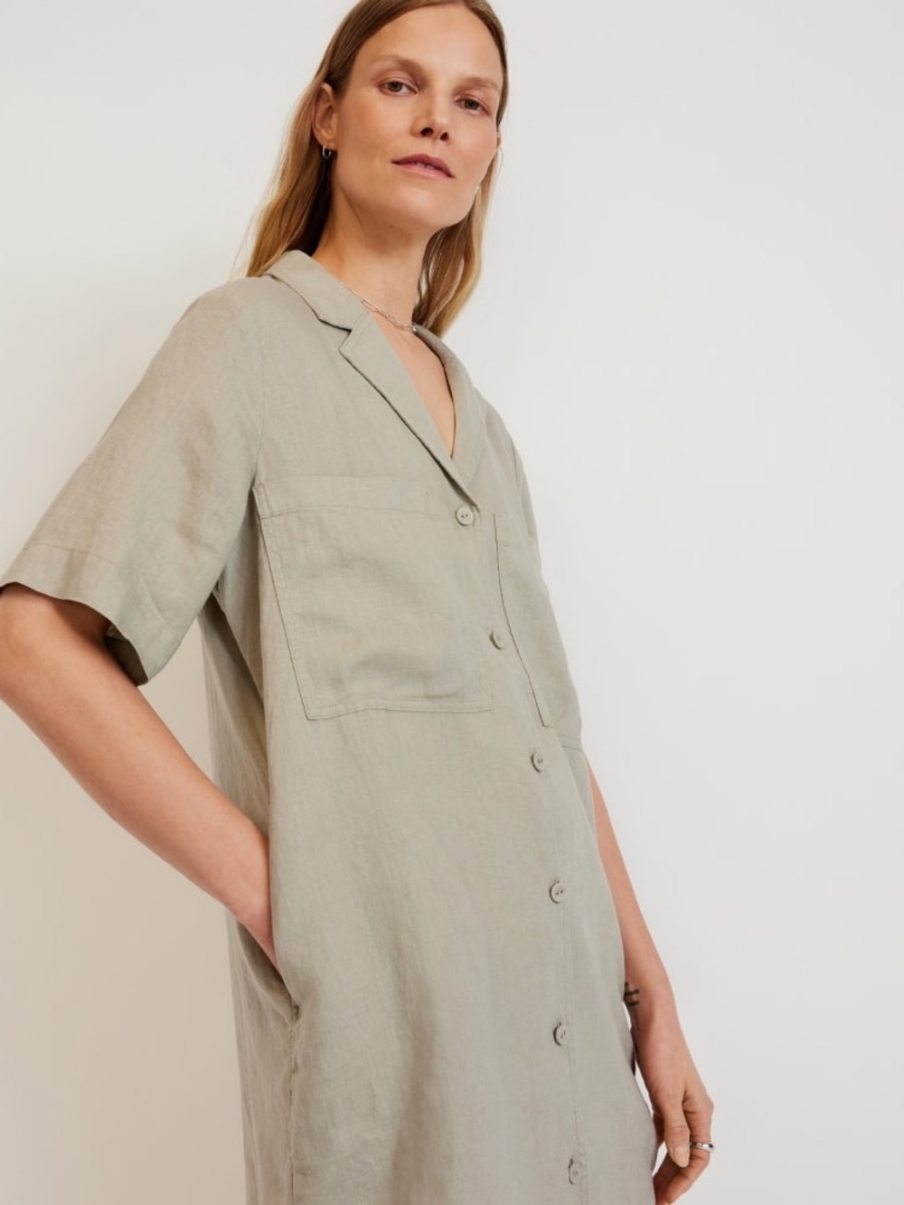 Everlane Seagrass Green Linen Notch Workwear Shirtdress Size Medium - Picture 5 of 15